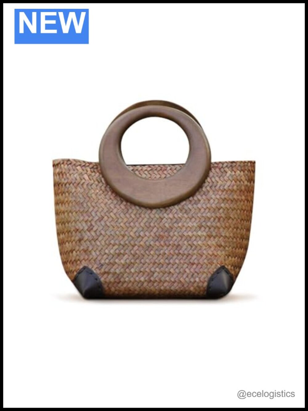 Handwoven Rattan Straw Tote with Wood Round Handle